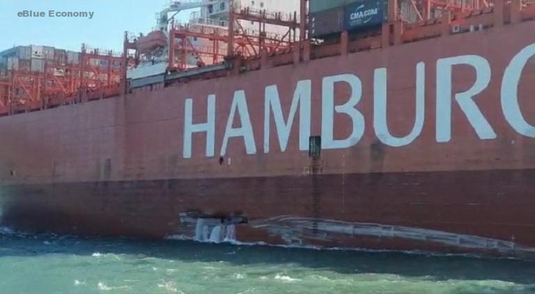 eBlue_economy_Hamburg Süd containership Cap San Antonio allides with Santos landing pontoon (Video)