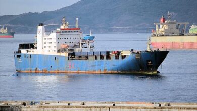 eBlue_economy_Ro-ro cargo ship disabled, anchored to avoid grounding on Andros island coast, Greece