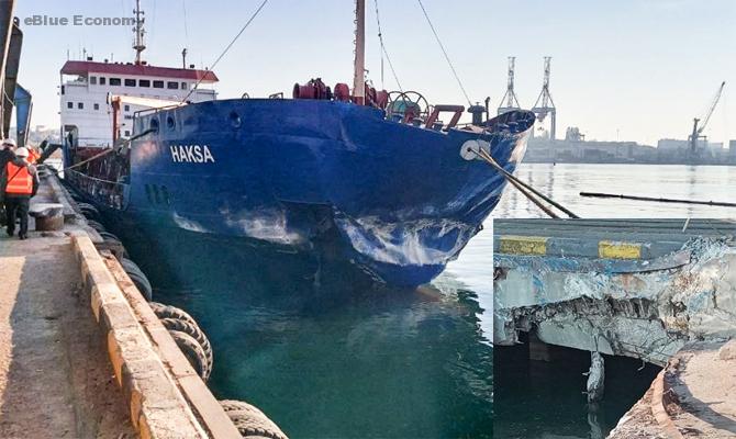 eBlue_economy_Cargo ship struck pier, heavily damaged