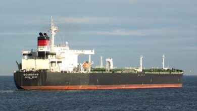 eBlue_economy_Aframax tanker disabled by fire, anchored, Java sea